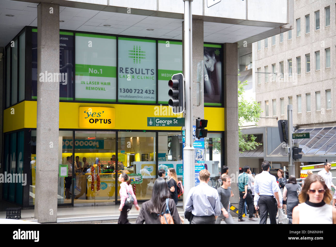 Optus telecommunications store and Laser clinic above in George Street Sydney city centre,Australia Stock Photo