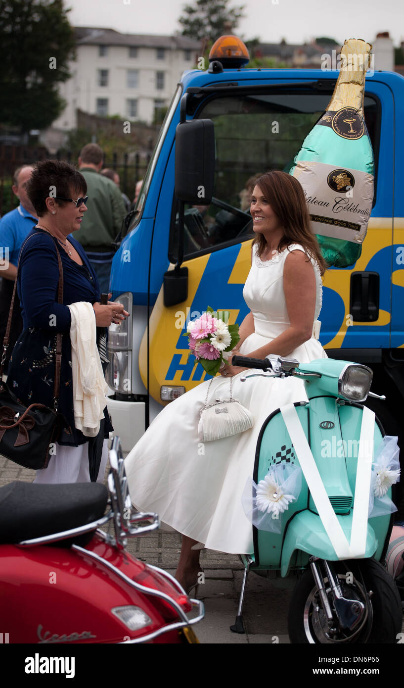Bride on MInt Green Scooter at 2013 Isle of Wight August Bank Holiday Scooter Rally Stock Photo