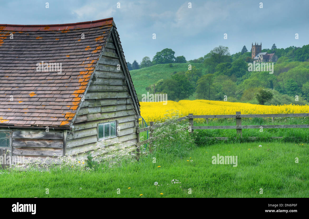 View from the old cowshed towards Hanbury Church, Worcestershire, England. Stock Photo