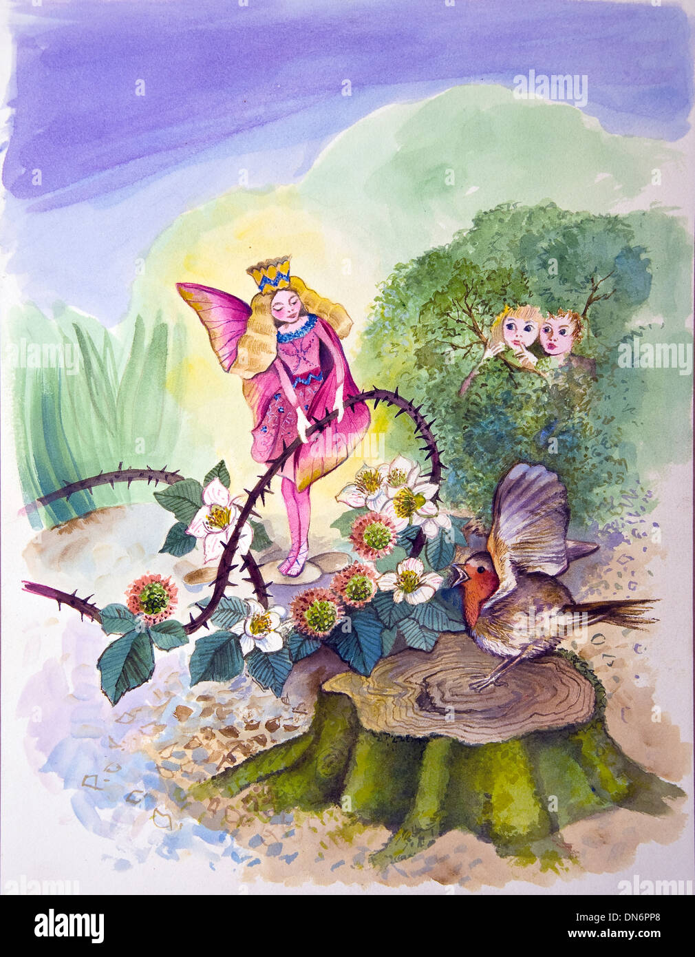 Illustration of a fairy with her wing caught in a bramble and a robin flapping its wings nearby Stock Photo