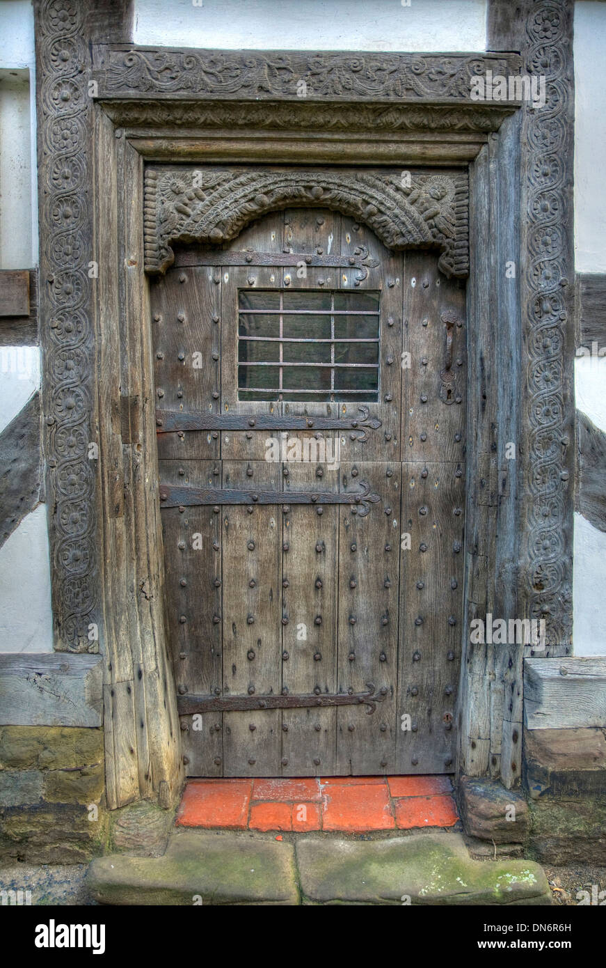 Carved Tudor door, Ludlow, Shropshire, England. Stock Photo