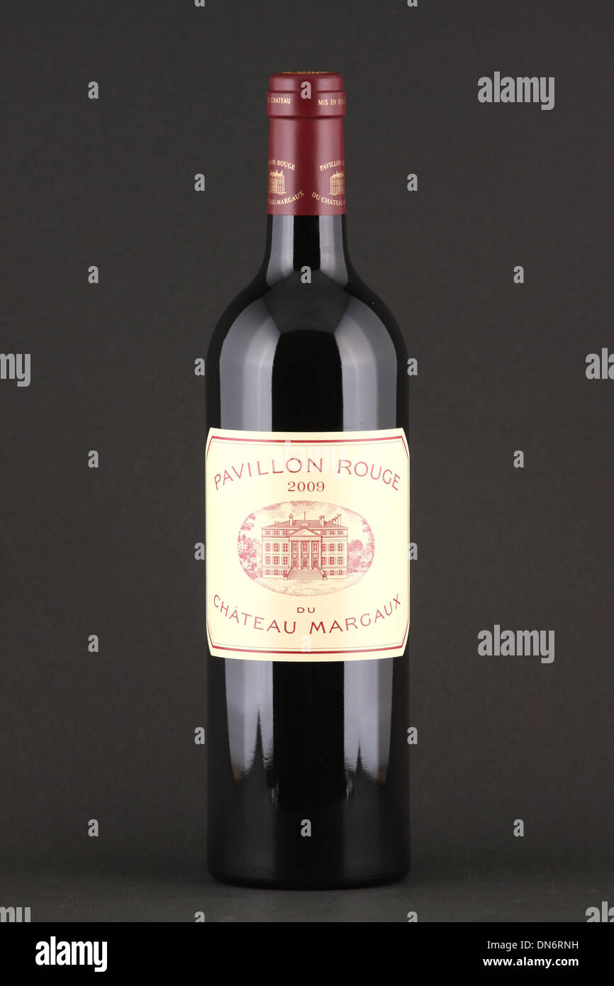A bottle of red wine, Pavillon Rouge, 2009, Chateau Margaux, Bordeaux, France Stock Photo