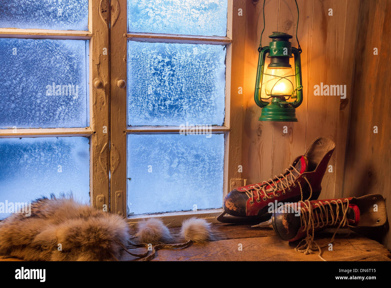 Warm wooden house in the winter cold evening Stock Photo - Alamy