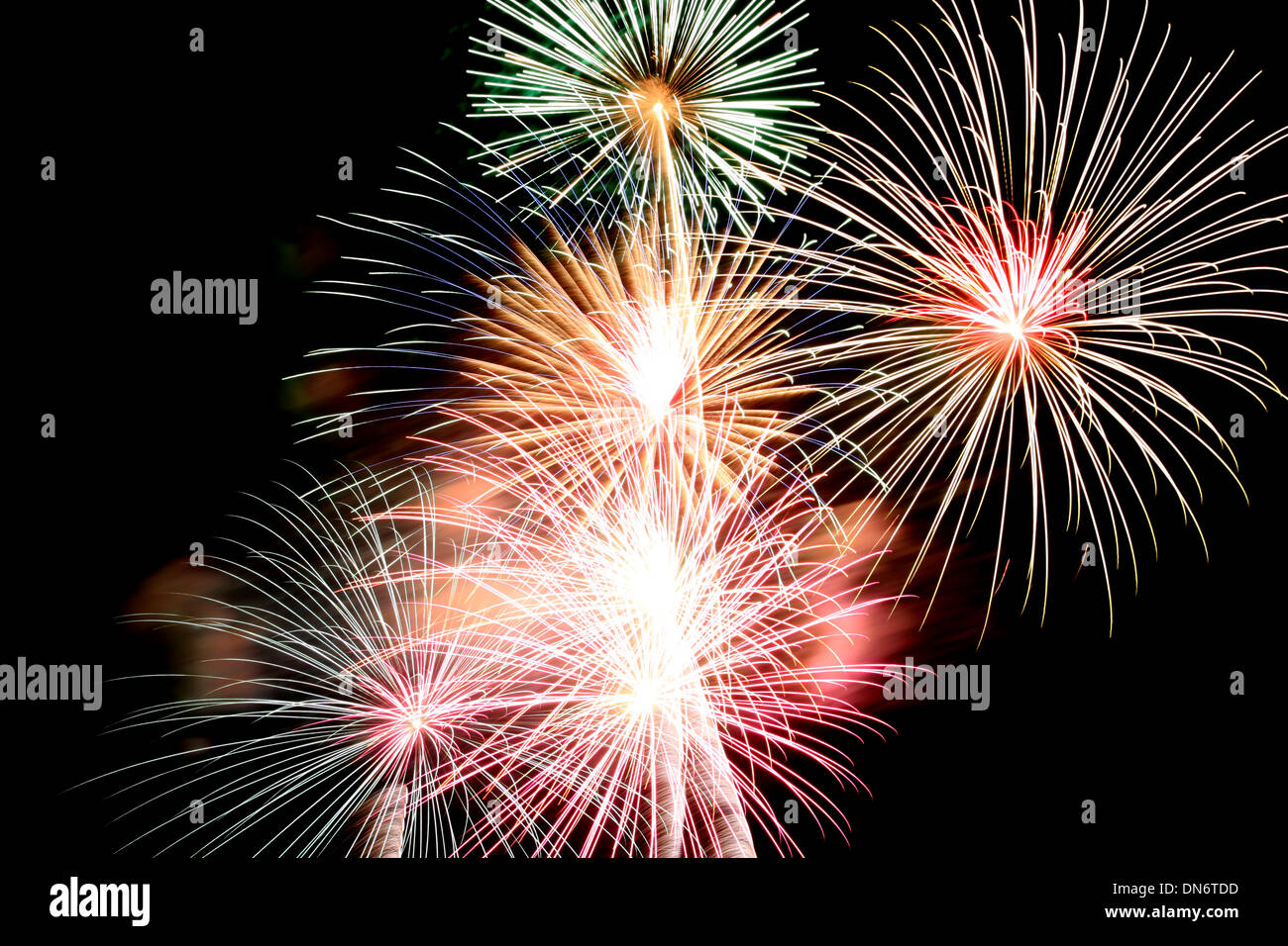 Variety of Colorful Fireworks or firecracker in the darkness. Stock Photo