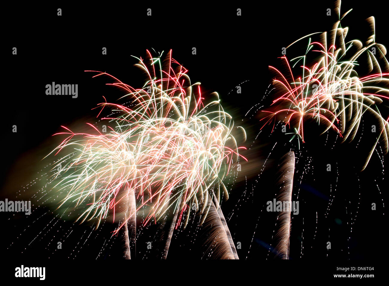 Variety of Colorful Fireworks or firecracker in the darkness. Stock Photo