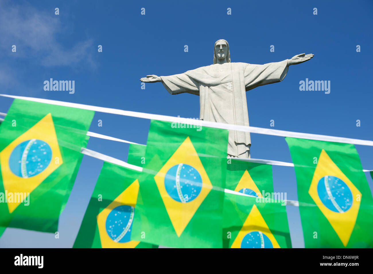 Brazilian flag bunting hanging at Corcovado Christ the Redeemer Rio de Janeiro Brazil Stock Photo