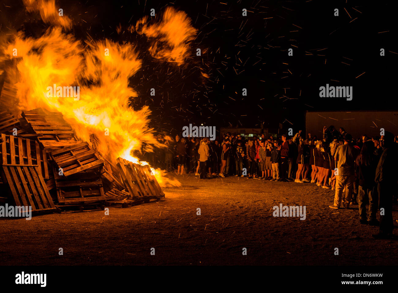 High school students gather for annual autumn pep rally and bonfire Stock Photo