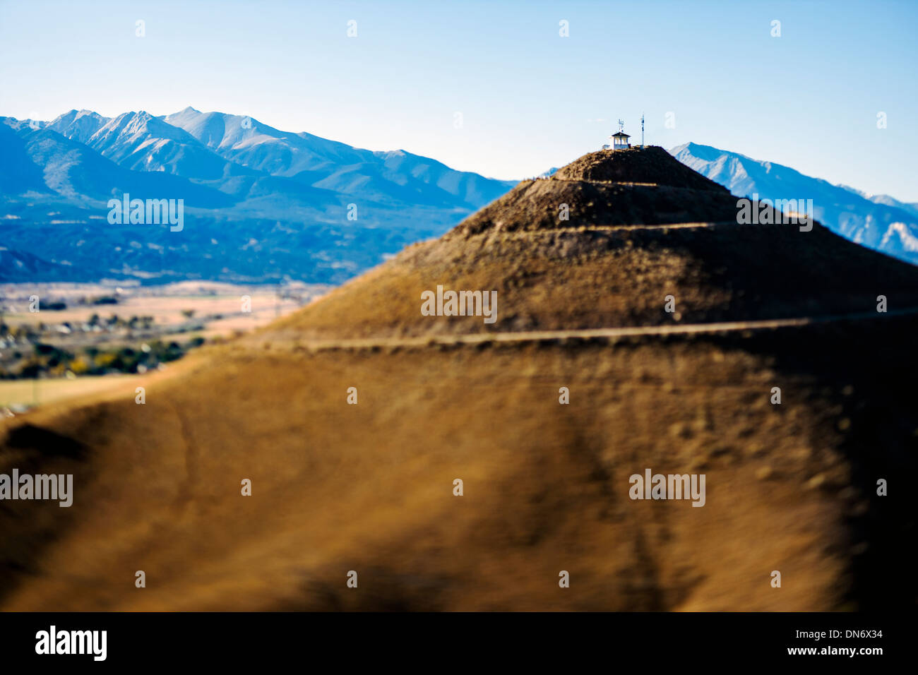 Tenderfoot Mountain near Salida, Colorado, with Collegiate Peaks, Rocky Mountains, & Arkansas River Valley beyond. Stock Photo