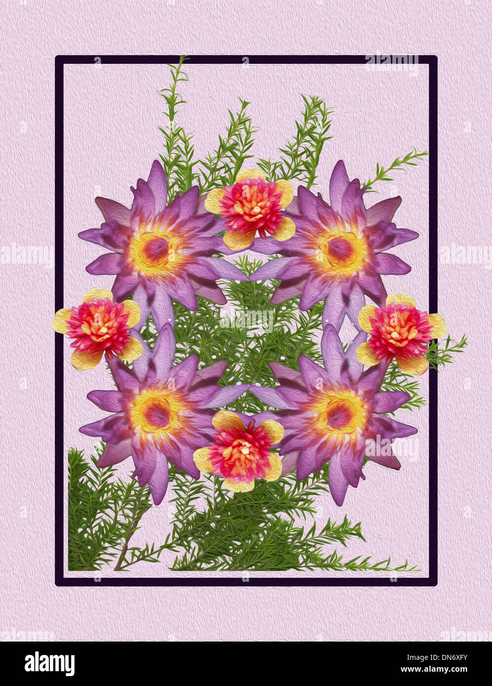 Unique digital floral art design with collage of mauve waterlilies, red