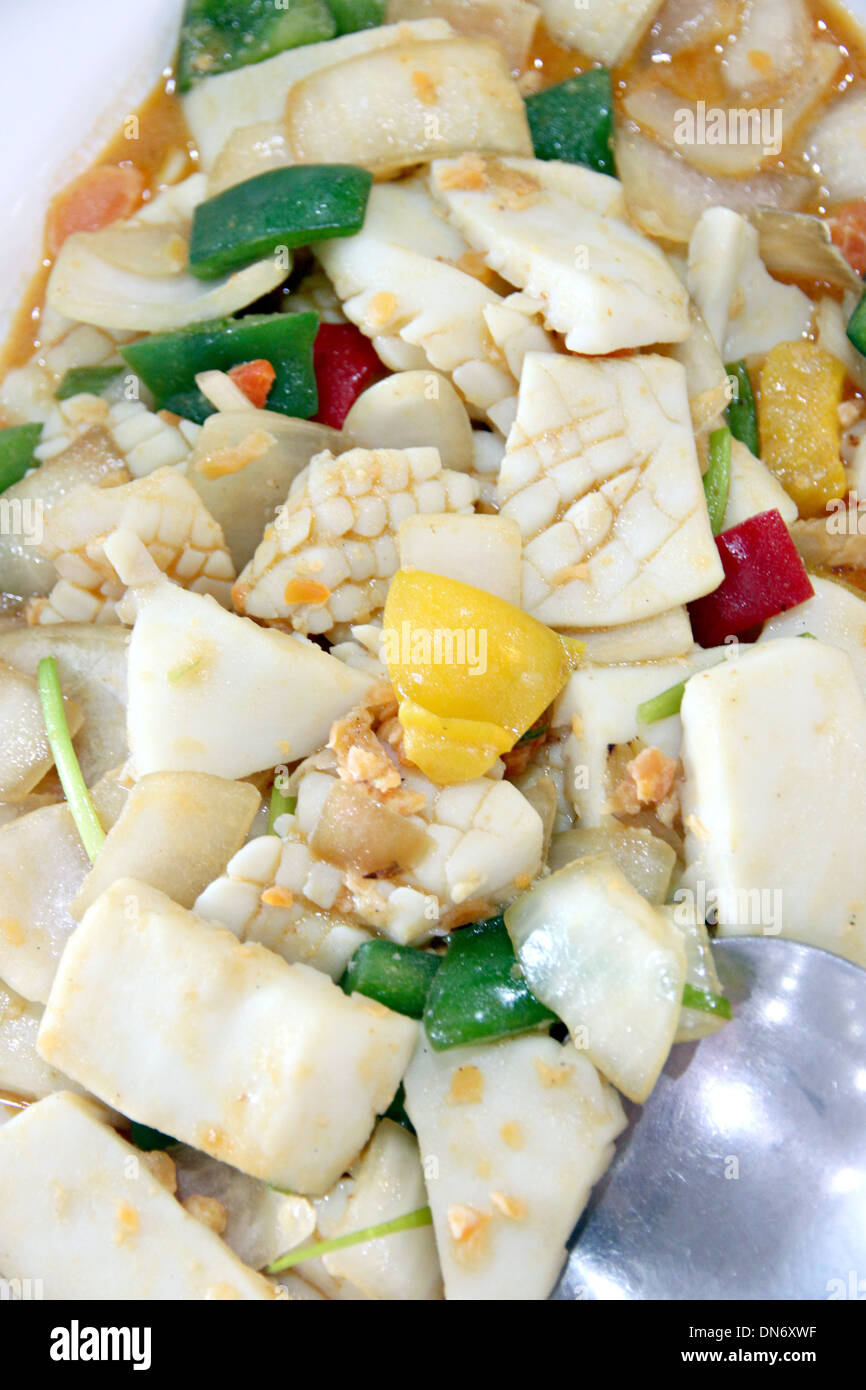 Thai Foods of Sauteed vegetables mix squid. Stock Photo