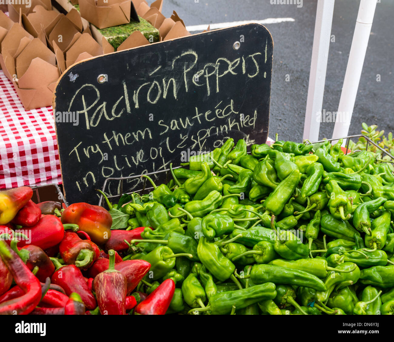 Display of fresh green padron peppers at a farmers market.  Beaverton, Oregon Stock Photo