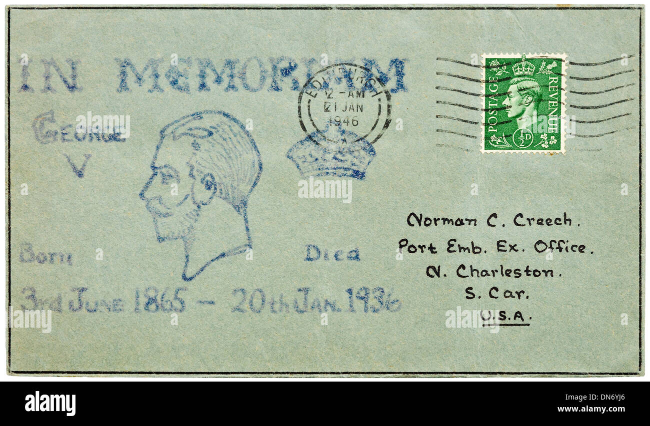 1946 British 'In Memoriam' hand-illustrated envelope with 1/2d King George VI definitive stamp addressed to South Carolina, USA. Stock Photo