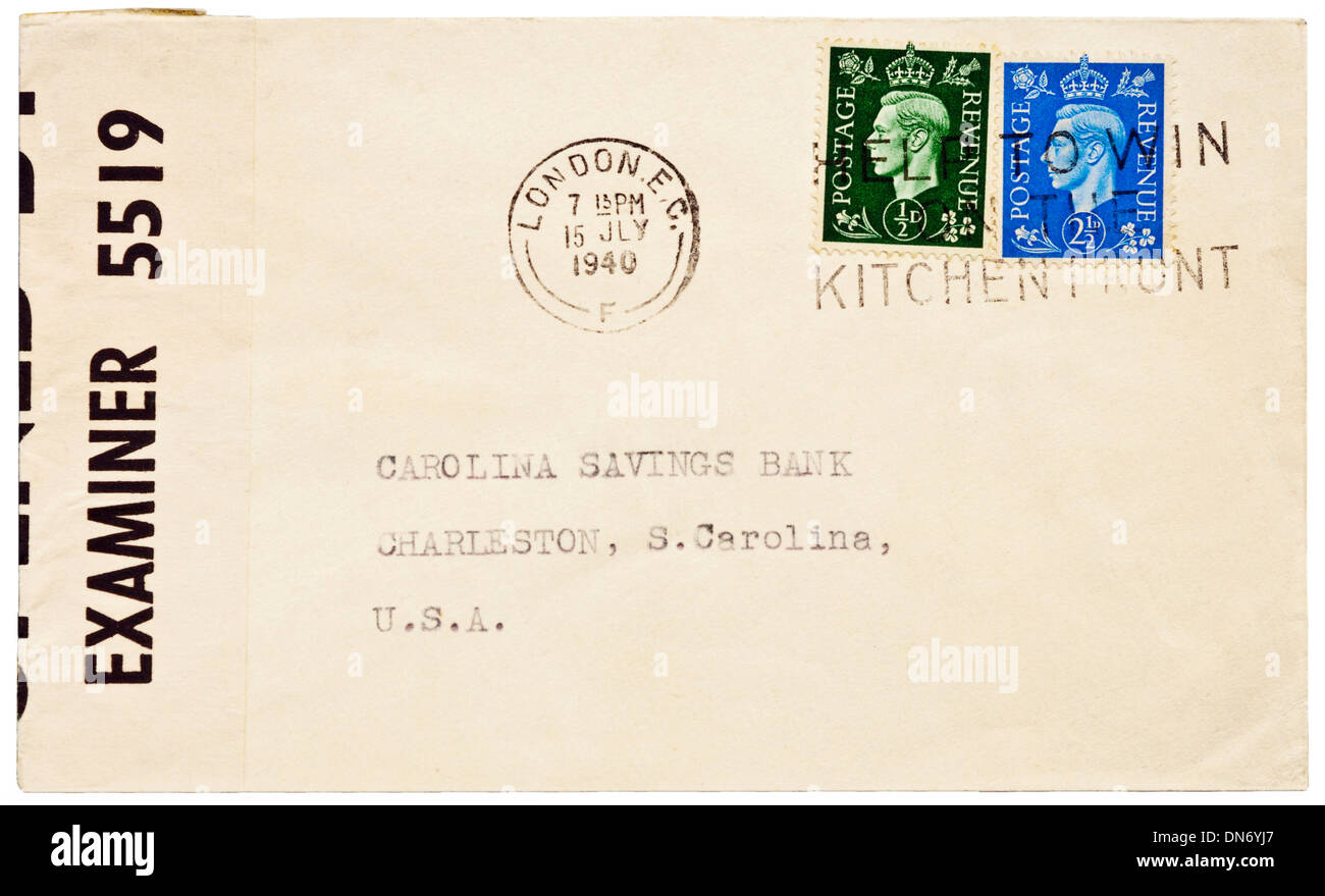 1940 British war-time censored envelope with 3d King George VI definitive stamps and slogan cancel addressed to USA. Stock Photo