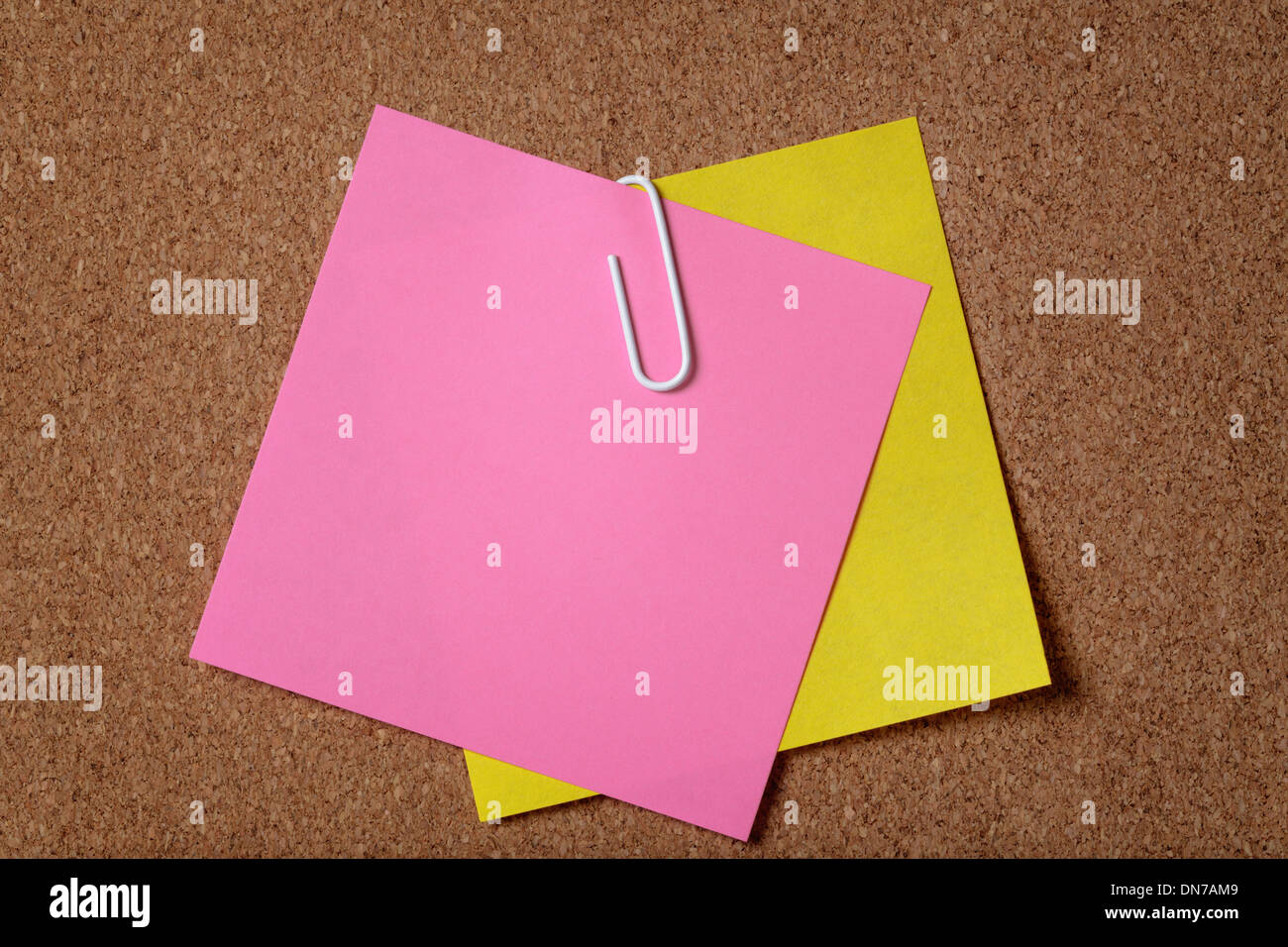 two reminders sticky note on cork board, empty space for text Stock Photo