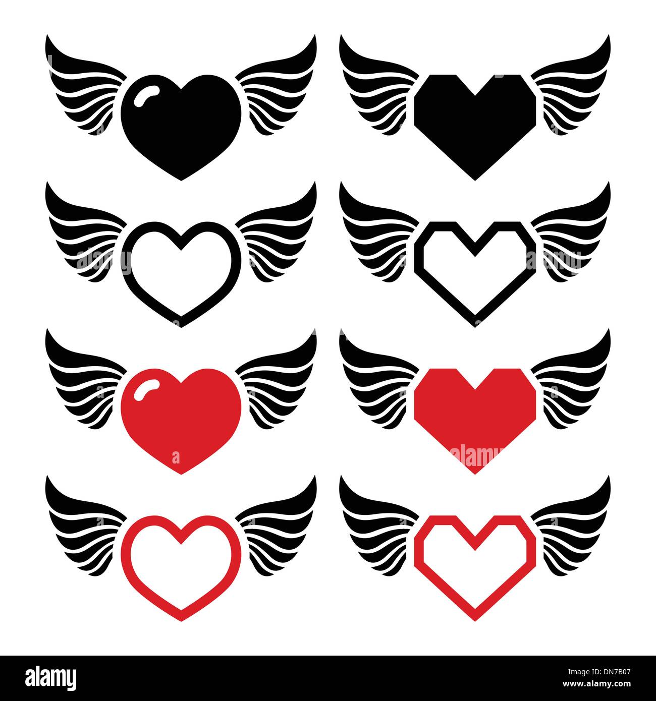 Heart with wings icons set Stock Vector