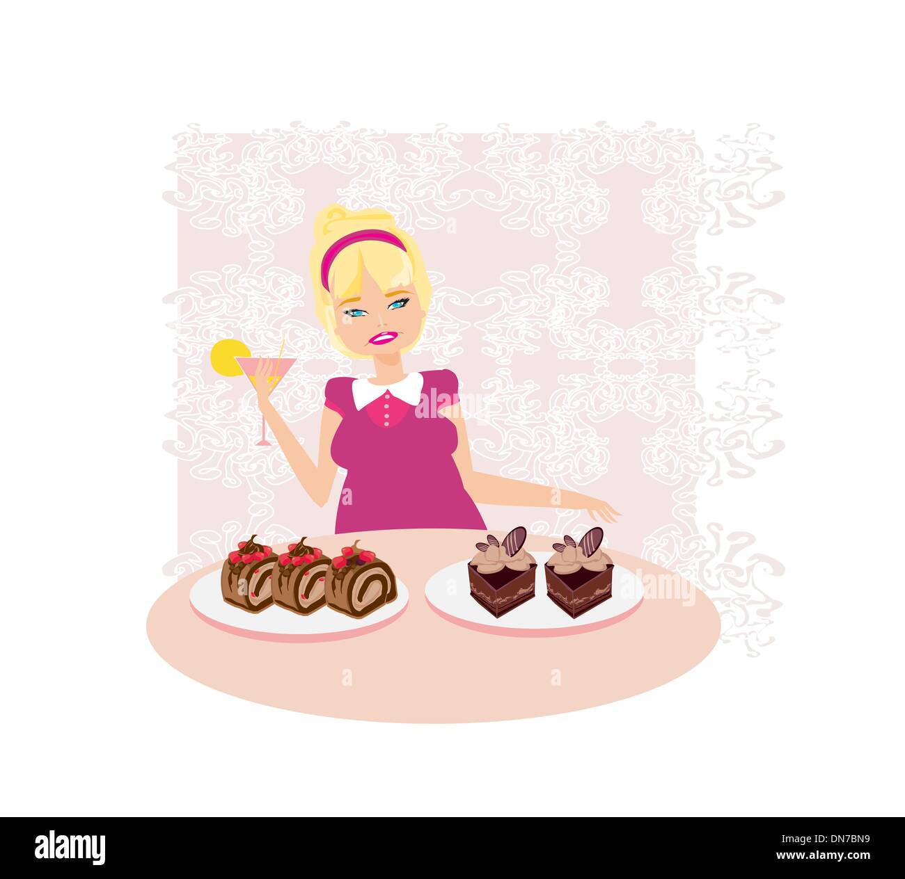 fat girl is afraid to eat calorie cakes Stock Vector