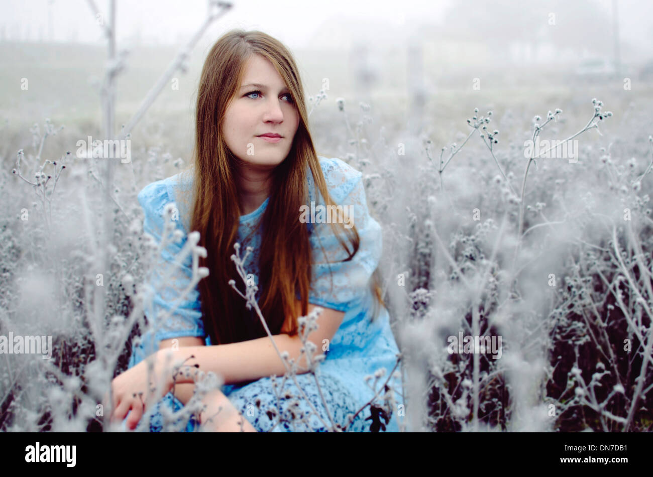 Woman in blue dress outdoors hi-res stock photography and images - Alamy