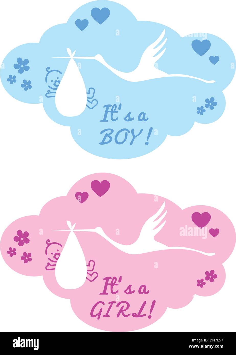 stork with baby boy and girl, vector Stock Vector