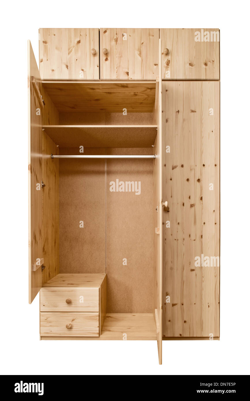 Simple open wooden wardrobe made of beech wood. Isolated Wooden cabinet  Stock Photo - Alamy