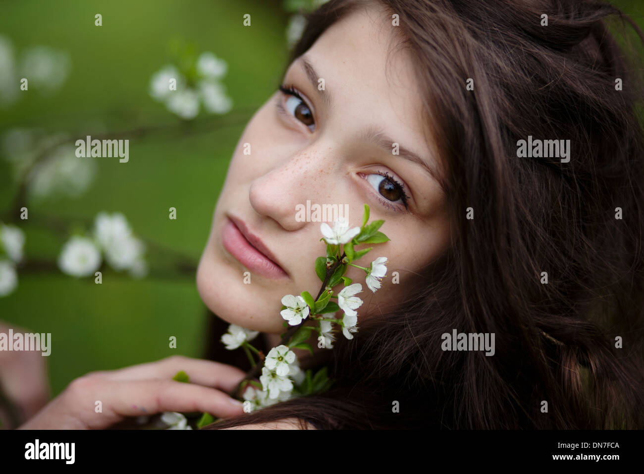 Girl with cherry blossoms, portrait Stock Photo - Alamy