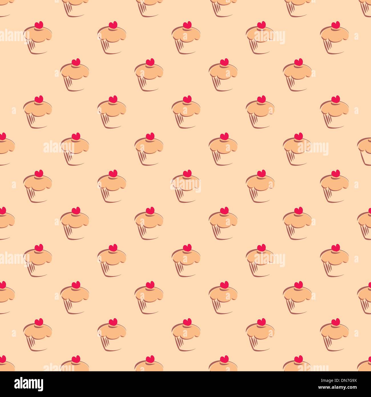 Seamless vector pattern or texture with cupcakes, muffins, sweet cake and red heart on top Stock Vector