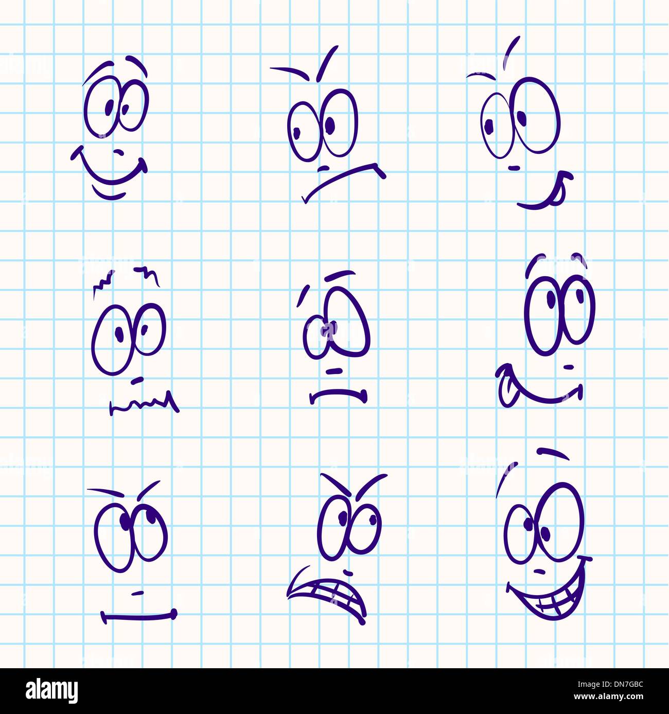 Emotion, vector set of nine face on notebook paper Stock Vector