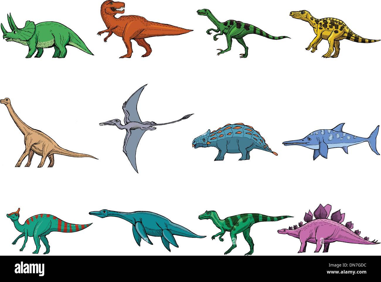 Разные динозавры в ряд