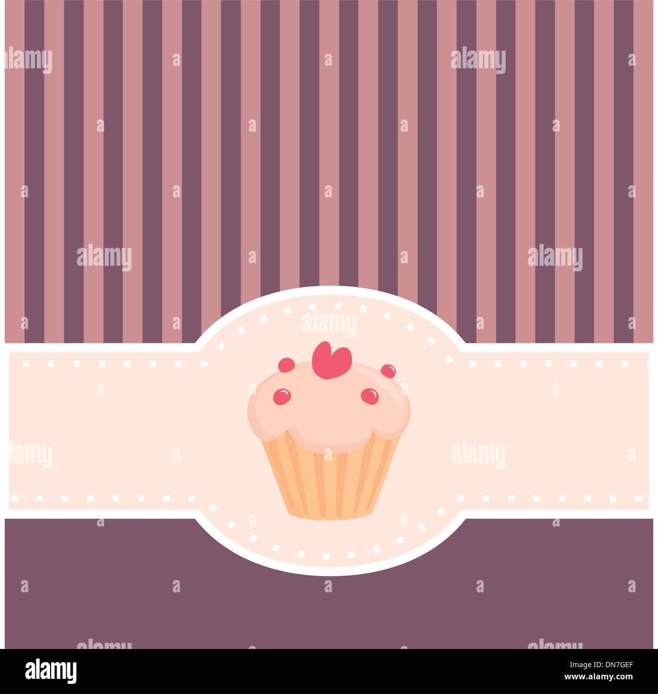 Vector wedding card, restaurant menu or baby shower invitation with sweet muffin cupcake, heart and pink violet strips. Stock Vector