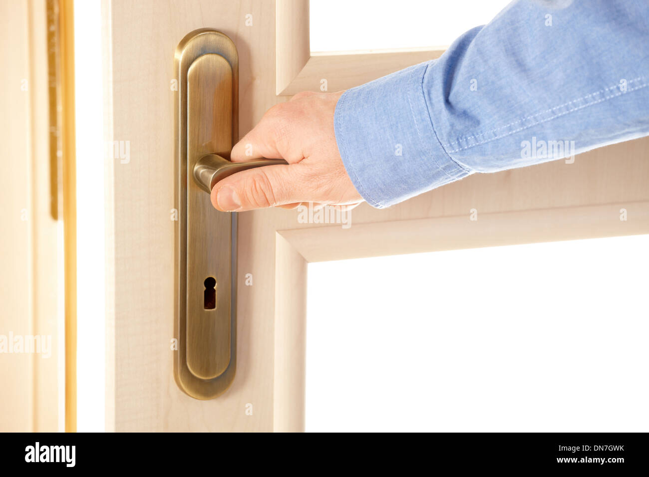 Male hand on handle, opening or closing door Stock Photo