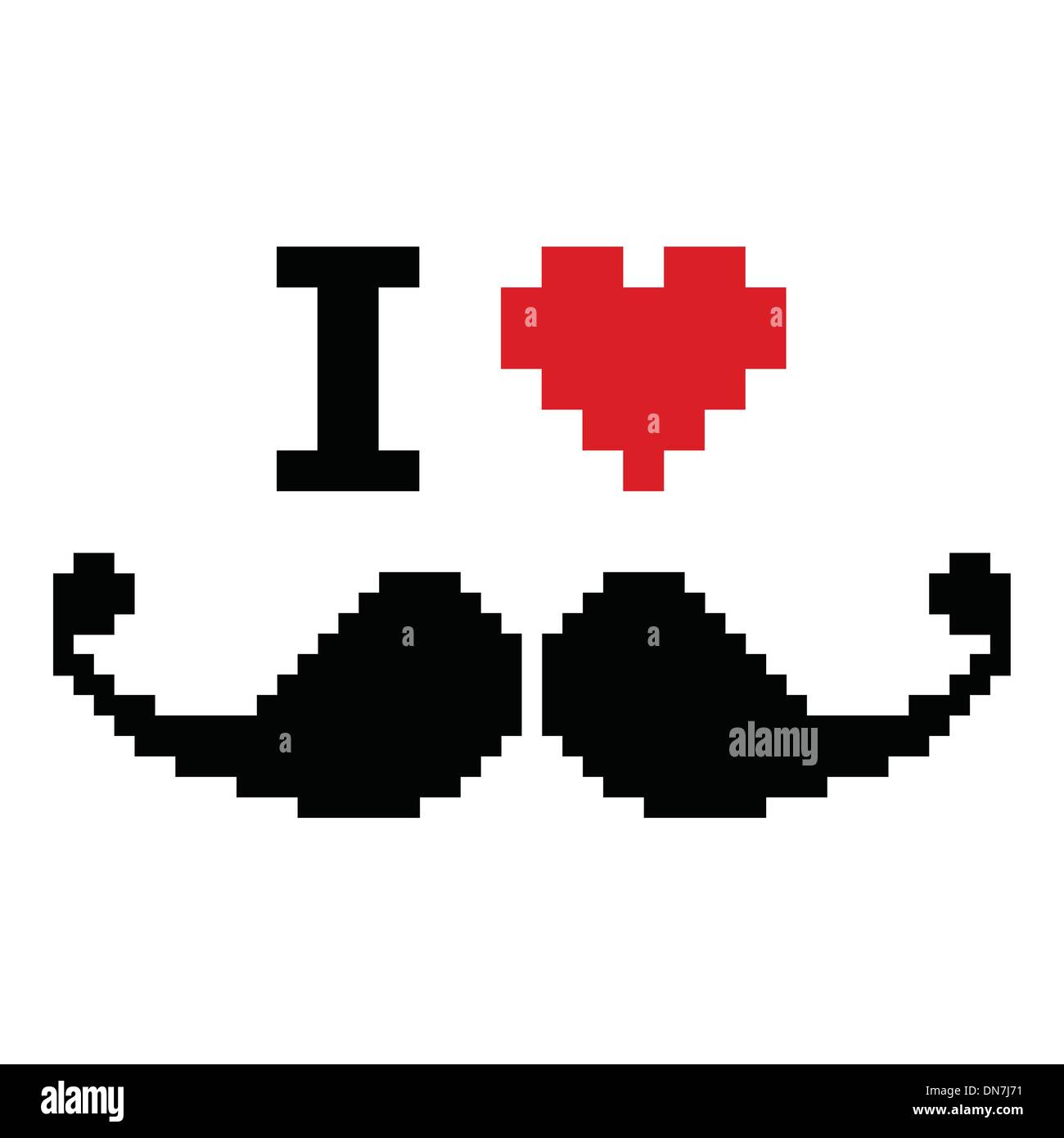 I love mustache pixelated, retro geeky sign Stock Vector