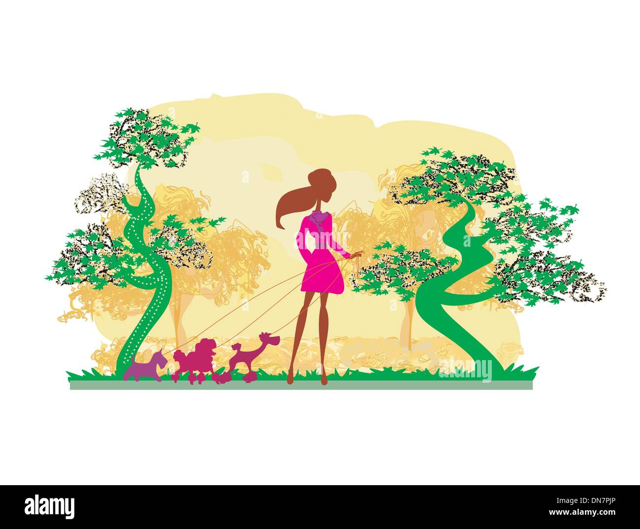 Girl walking with her dogs in autumn landscape. Stock Vector