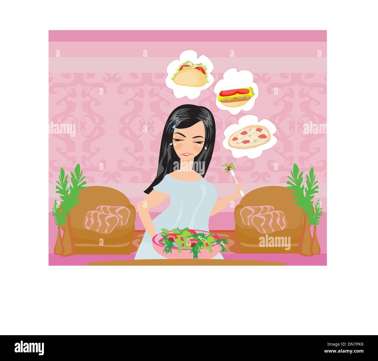 overweight girl eats a salad but dreams of eating fast food Stock Vector