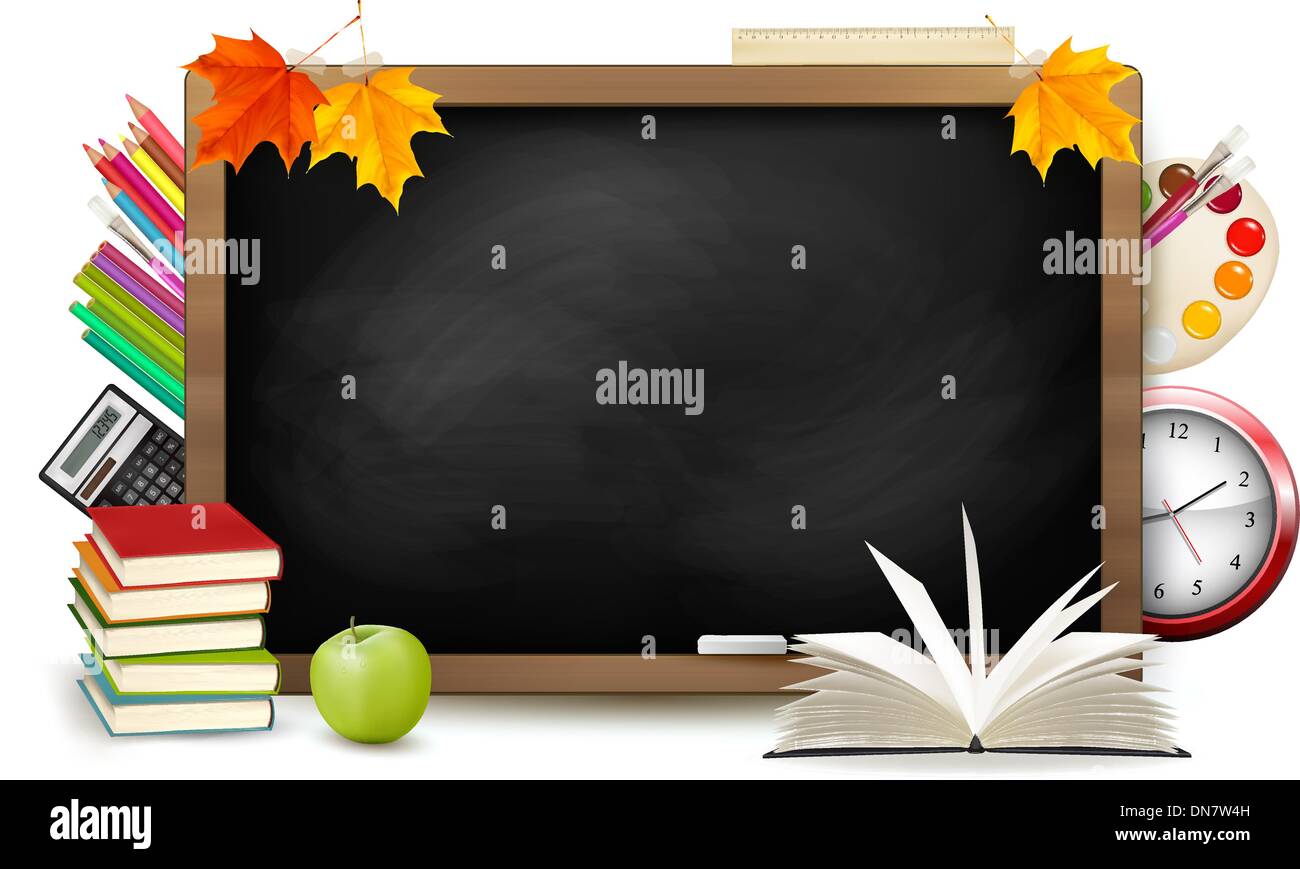 Back to school. Blackboard with school supplies. Vector. Stock Vector