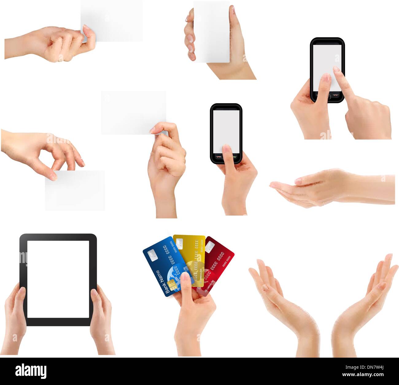 Set of hands holding different business objects. Vector illustra Stock Vector