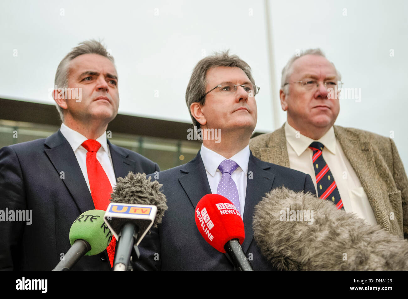 Belfast, Northern Ireland. 20 Dec 2013 - Jonathan Bell, Jeffrey Donaldson and Mervyn Gibson arrive to represent the DUP at the Haass talks over the Northern Ireland issues for the future. Credit:  Stephen Barnes/Alamy Live News Stock Photo