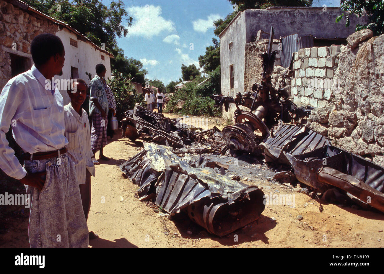 Nov. 30, 1993 - Kismayo, Somalia - Remains of a downed US Apache helicopter in back street of Mogadishu - Somalia.  (Credit Image: © Theodore Liasi/ZUMAPRESS.com) Stock Photo