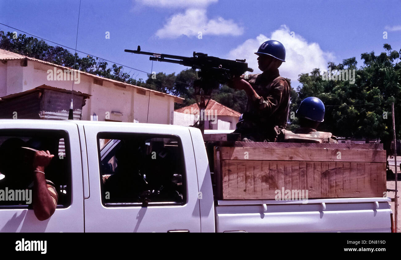 Nov. 30, 1993 - Kismayo, Somalia - UN Indian peacekeepers riding in a makeshift armored vehicle in Kismayo in Somalia. (Credit Image: © Theodore Liasi/ZUMAPRESS.com) Stock Photo