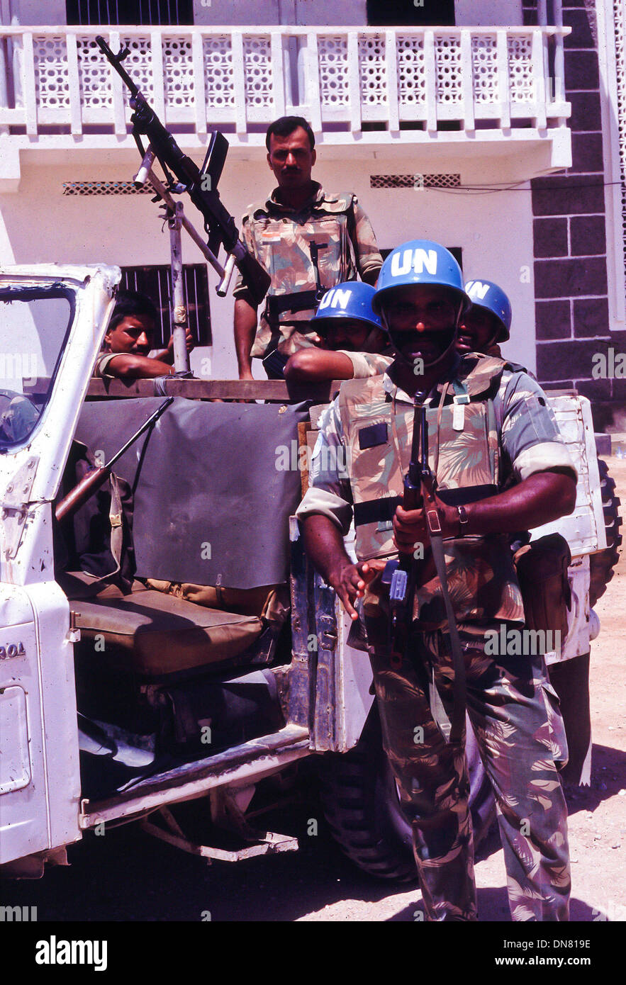 Nov. 30, 1993 - Kismayo, Somalia - UN Indian peacekeepers riding in a makeshift armored vehicle in Kismayo Somalia. (Credit Image: © Theodore Liasi/ZUMAPRESS.com) Stock Photo