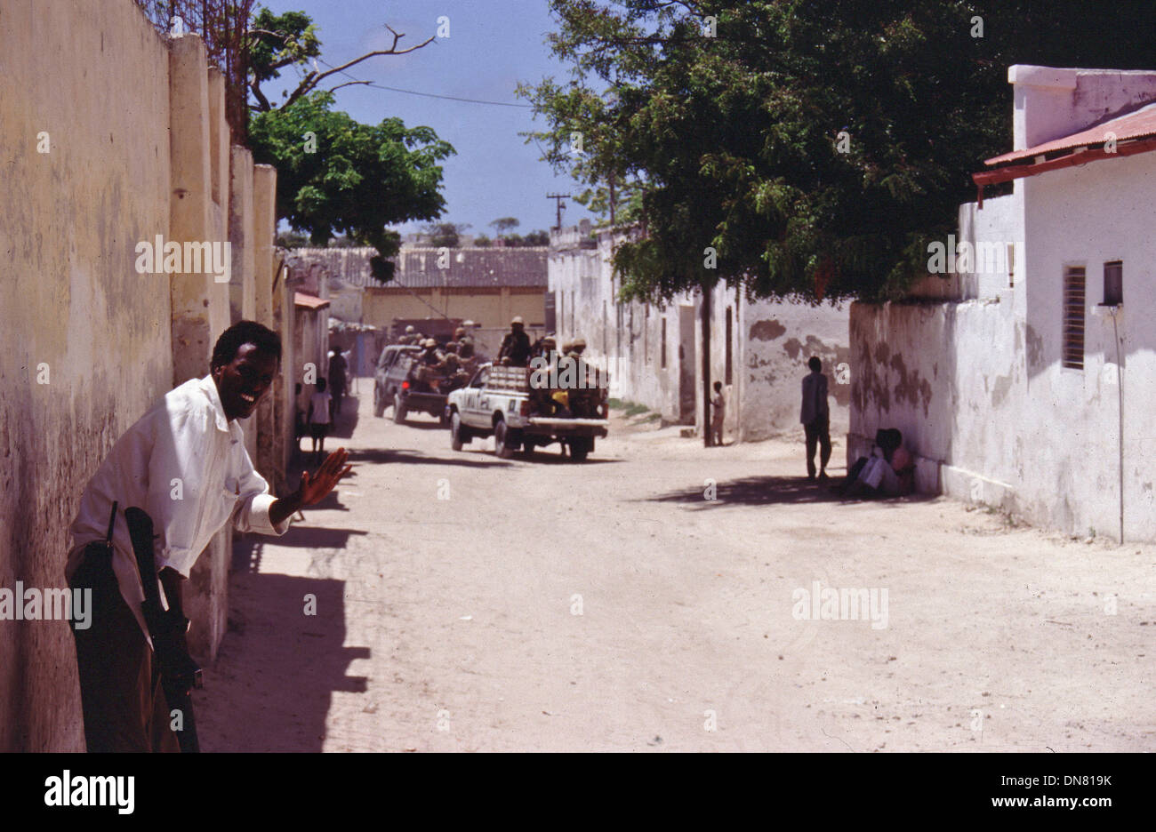 Nov. 30, 1993 - Mogadishu, Somalia - UN Indian peacekeepers riding in a makeshift armored vehicle in Mogadishu, Somalia. (Credit Image: © Theodore Liasi/ZUMAPRESS.com) Stock Photo