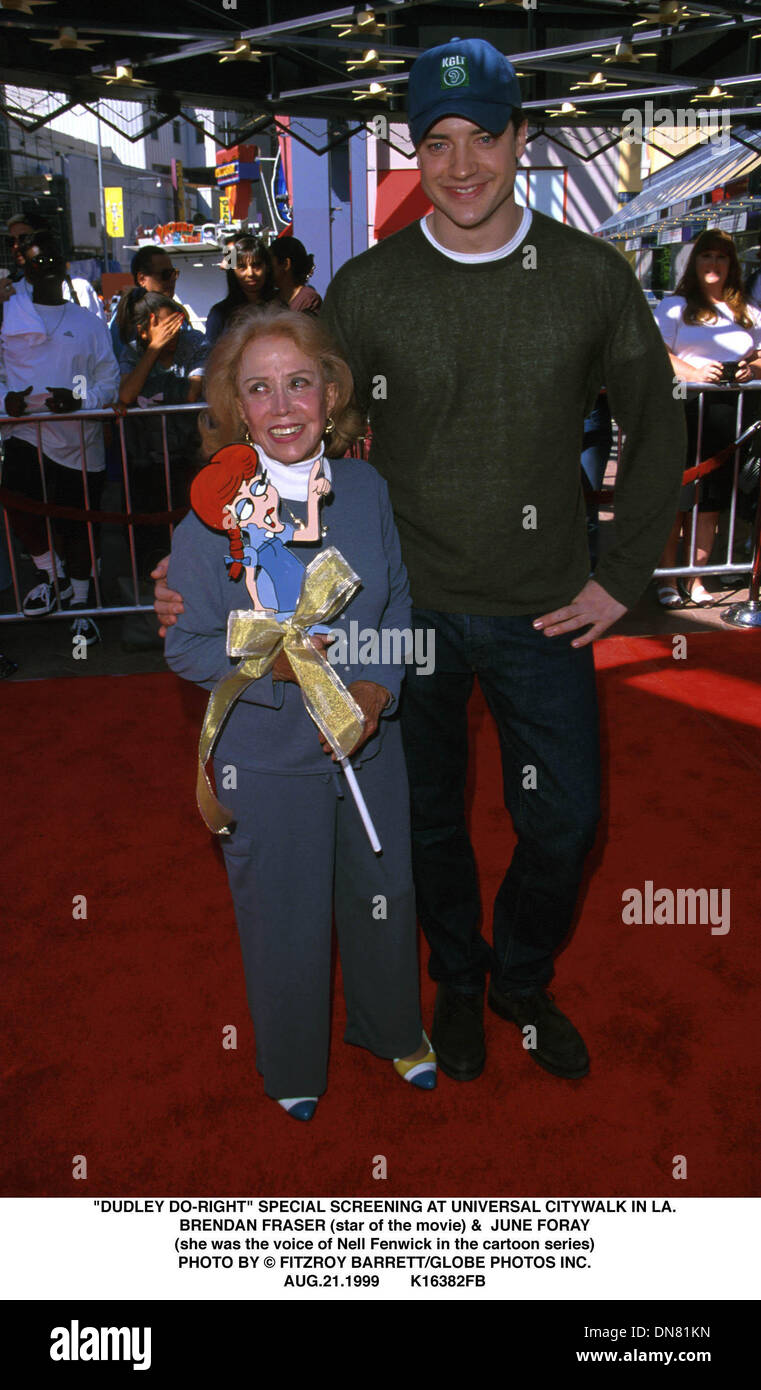 Aug. 21, 1999 - ''DUDLEY DO-RIGHT'' SPECIAL SCREENING AT UNIVERSAL CITYWALK IN LA..BRENDAN FRASER (star of the movie) &  JUNE FORAY.(she was the voice of Nell Fenwick in the cartoon series). FITZROY BARRETT/   AUG.21.1999       K16382FB(Credit Image: © Globe Photos/ZUMAPRESS.com) Stock Photo