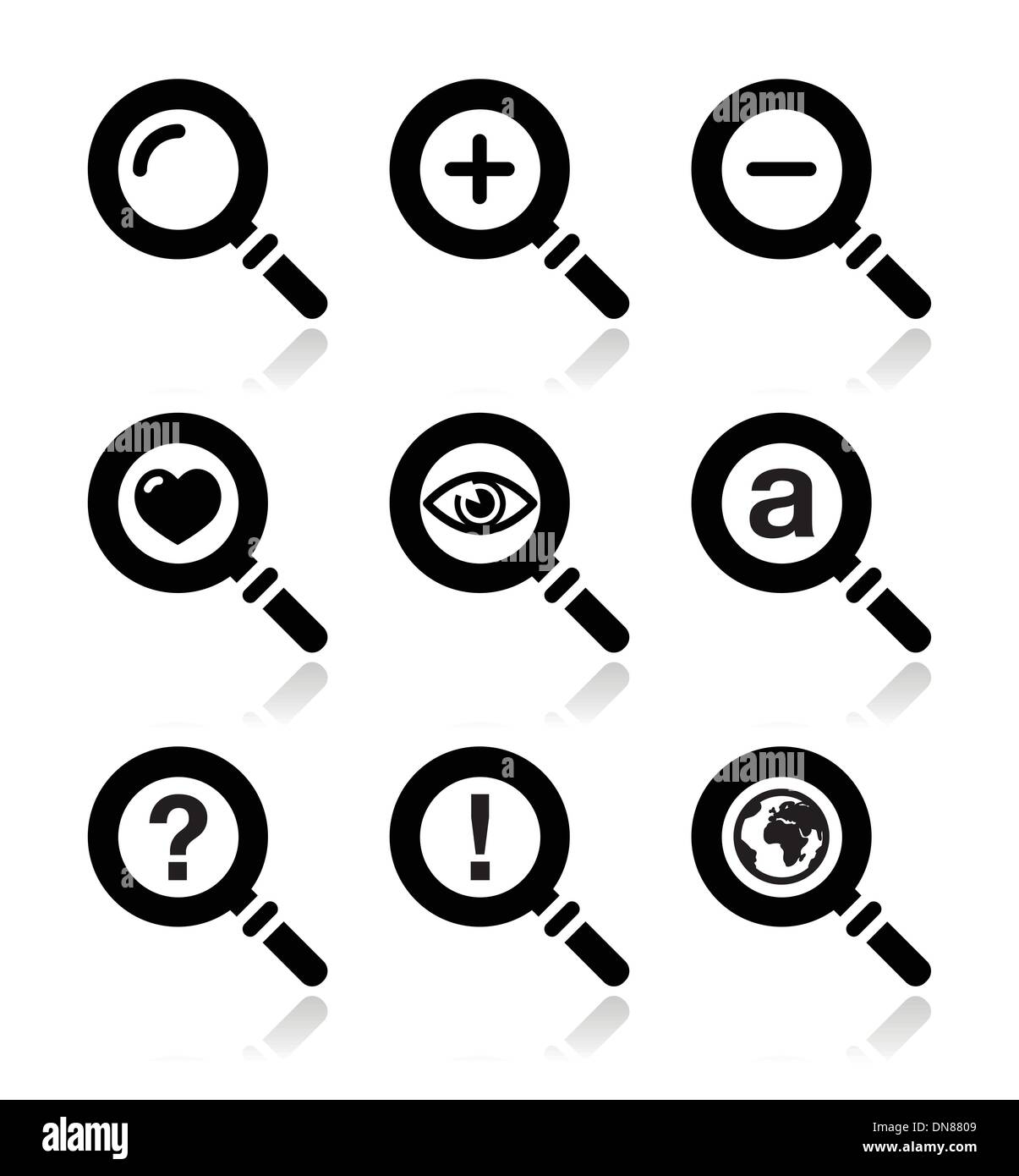 Magnyfying glass, search icons set Stock Vector