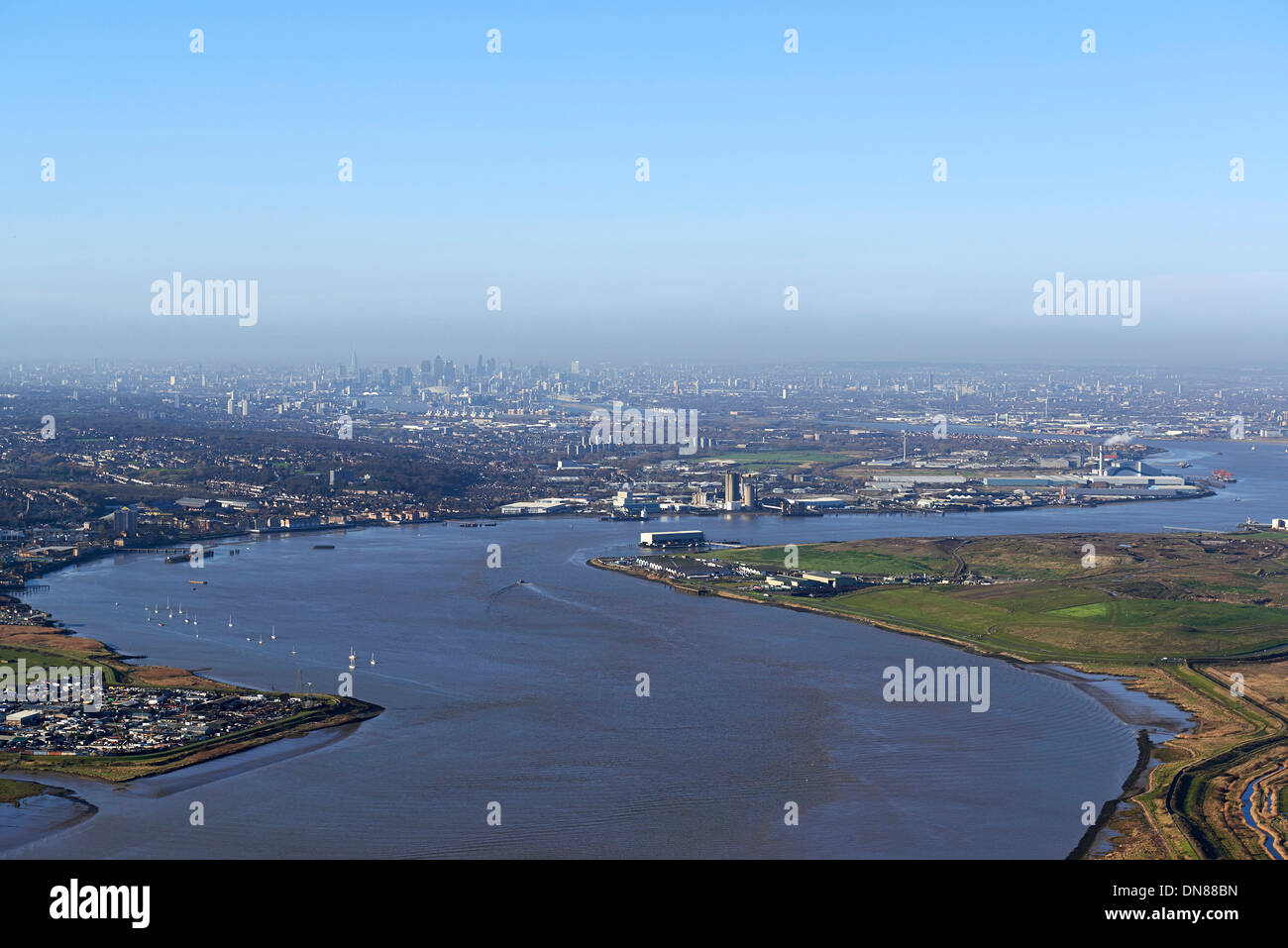 Looking up the river Thames from Dartford with the City of London on