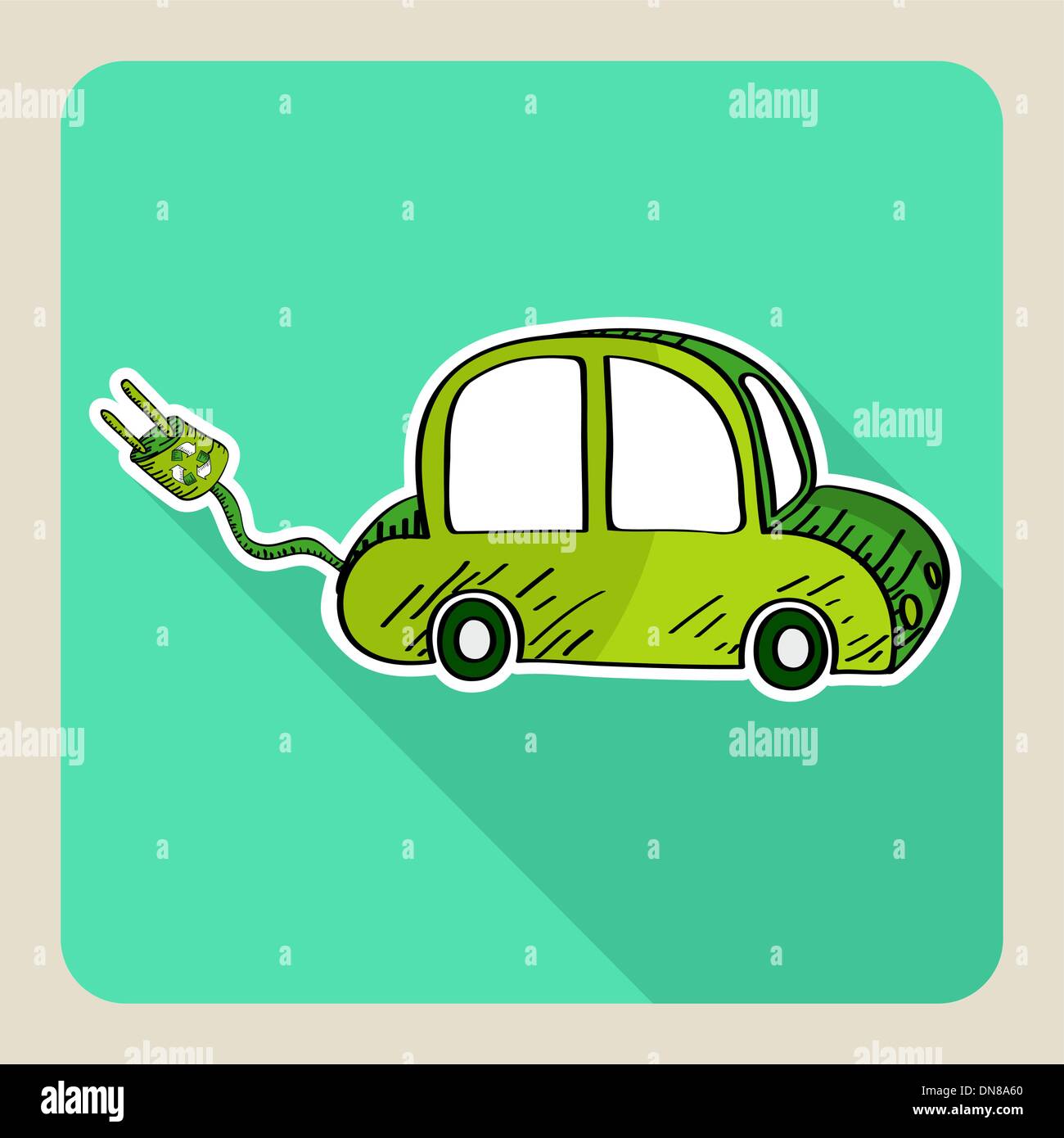 Sketch style green electric car. Stock Vector