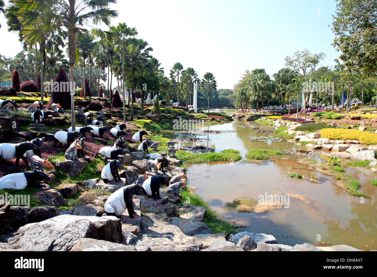 View of the park, with ponds and statues of animals. Stock Photo