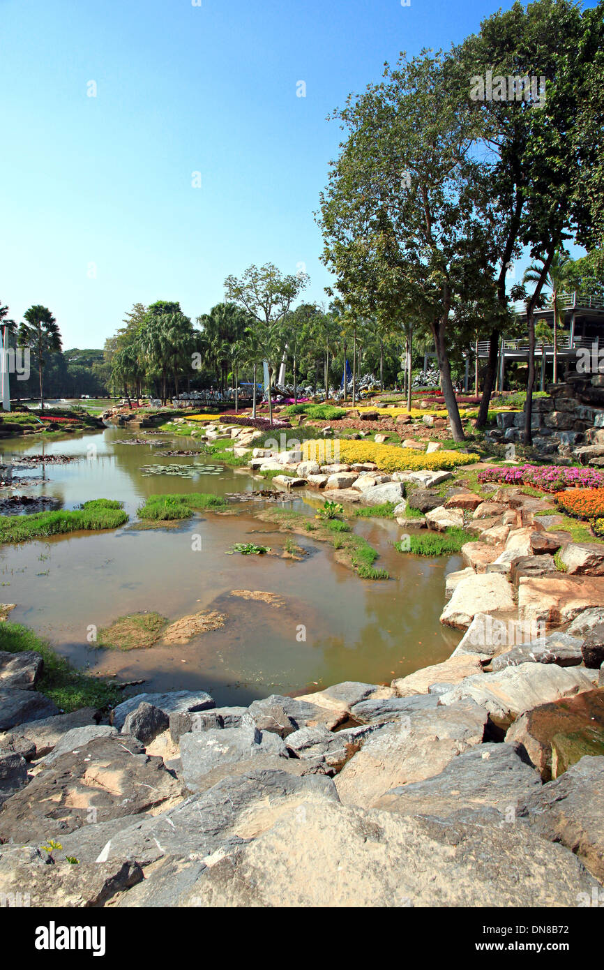 View of park with streams on side and blue sky. Stock Photo