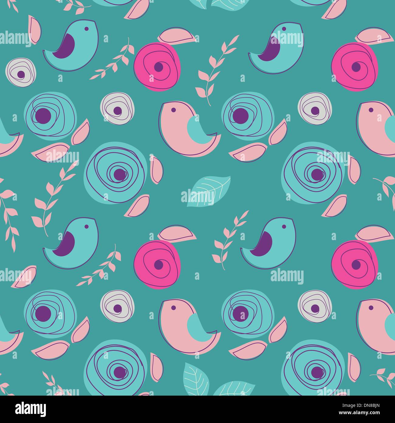 Seamless retro background with cute birds and flowers Stock Vector ...