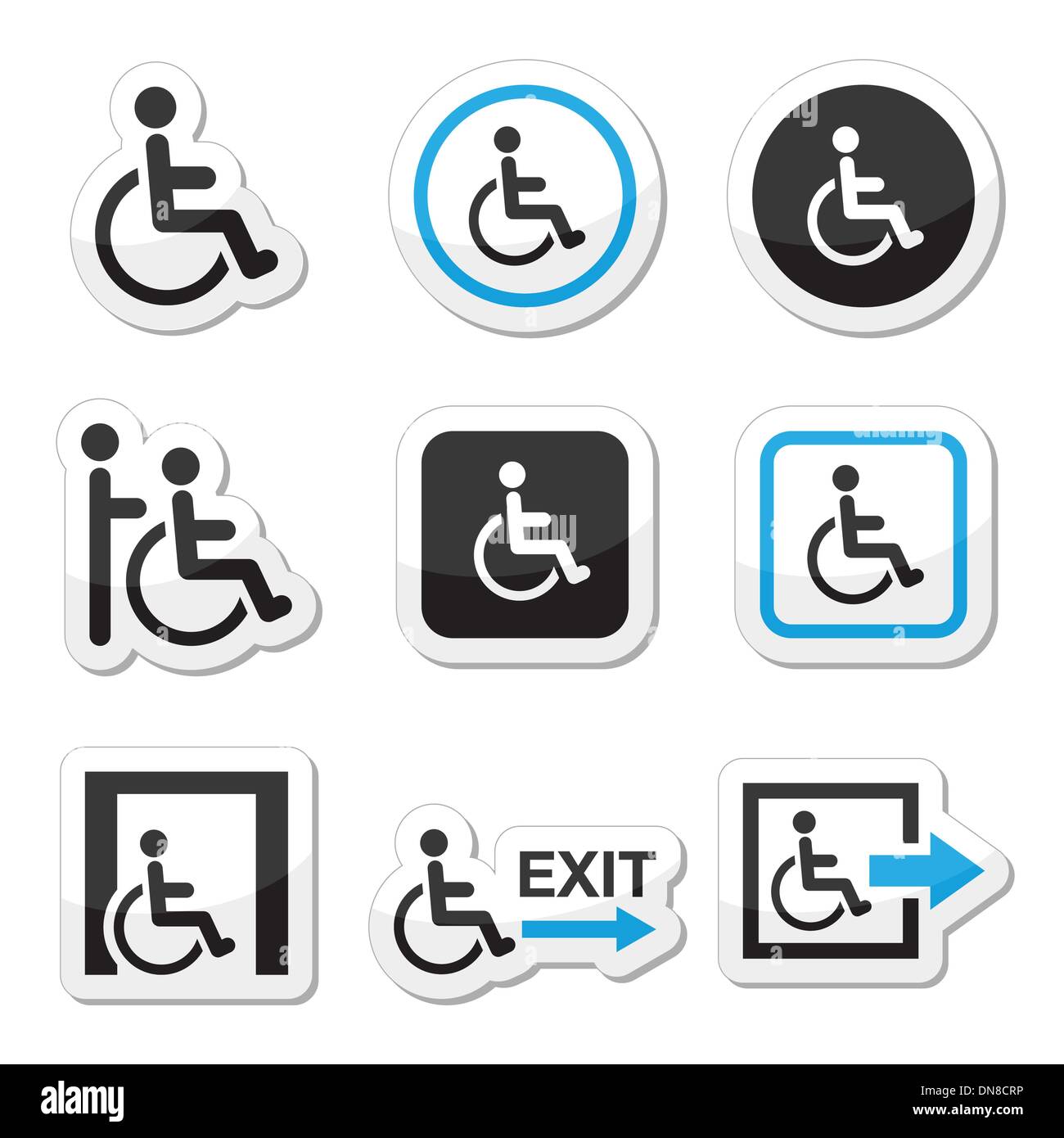 Man on wheelchair, disabled, emergency exit icons set Stock Vector