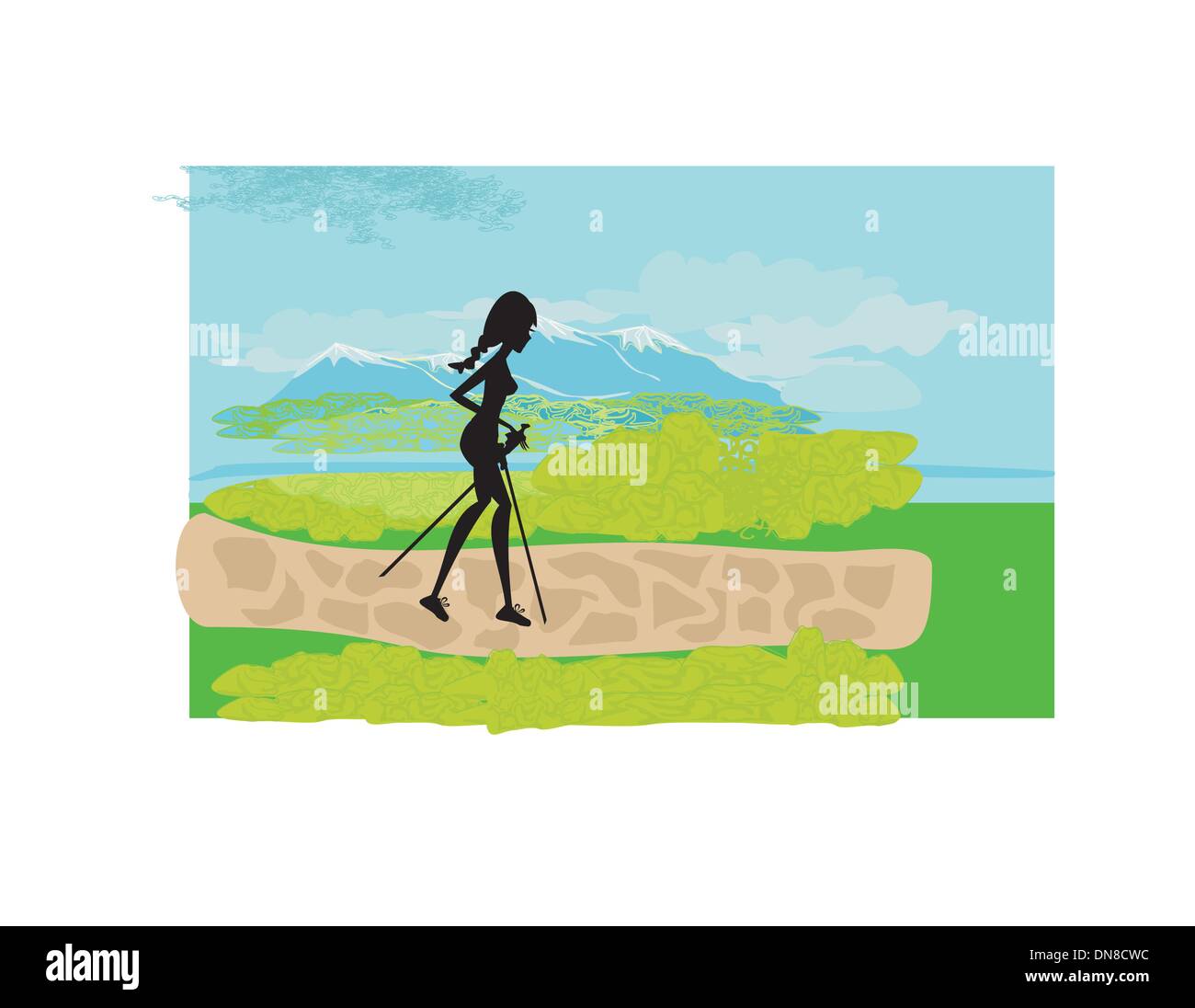 Nordic walking - girl exercising in the mountains Stock Vector