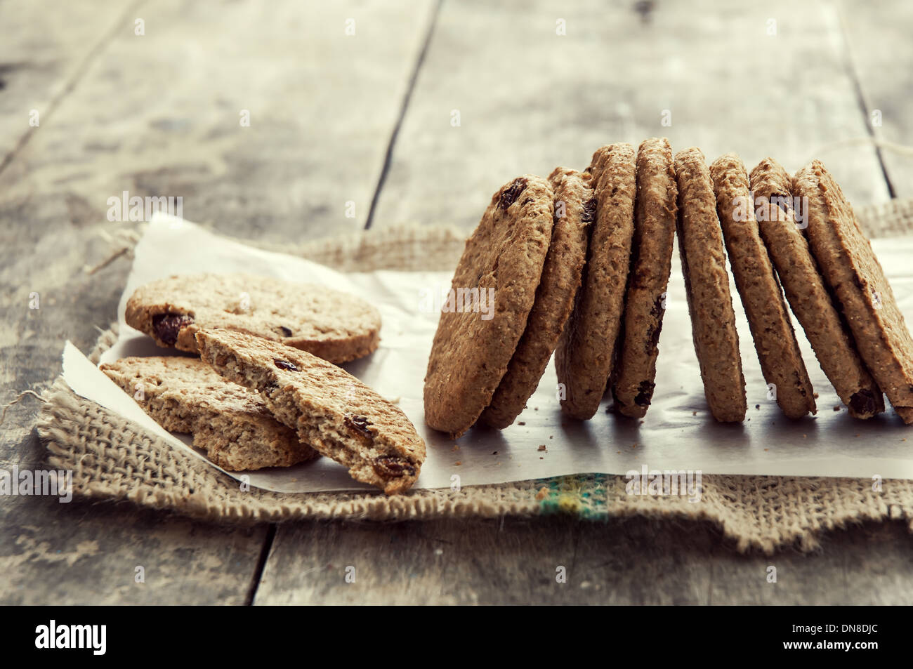 cookies on old wooden table, close up Stock Photo