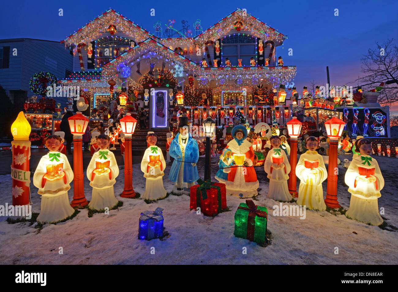 A house in Bayside, Queens, New York with elaborate lighting for Christmas. Stock Photo